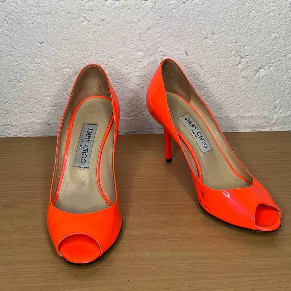 Jimmy Choo Neon Orange Patent Peep-Toe Heels